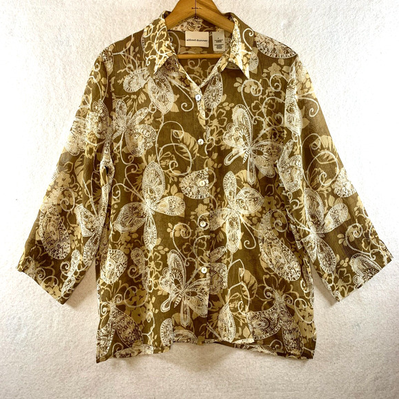 Alfred Dunner Tops - Womens Oversized Sheer Button Up Blouse Sz 8 Earthy Butterfly Paisley 3/4 Sleeve